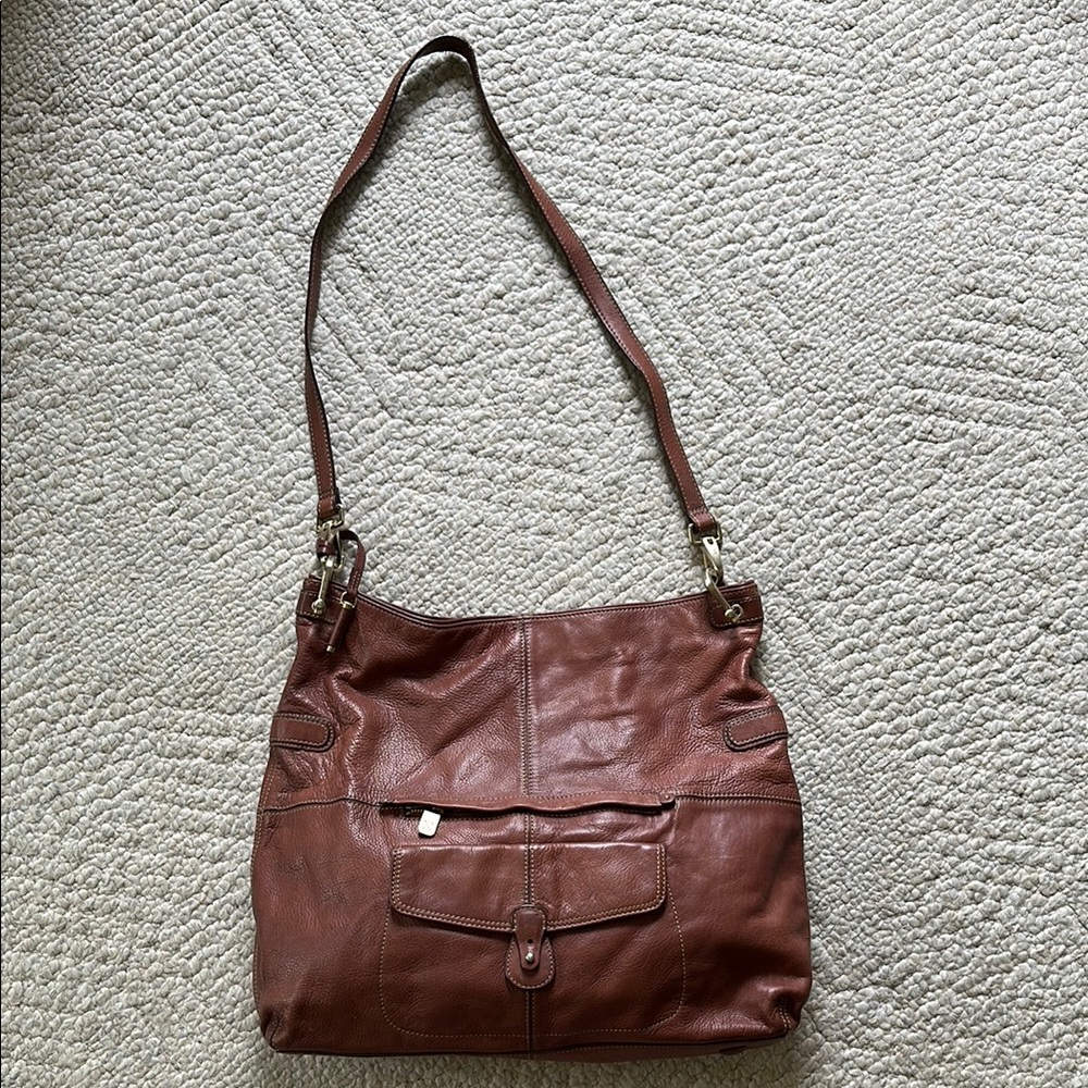 Vintage Liz Claiborne Genuine Leather Crossbody Tote - Chestnut Brown